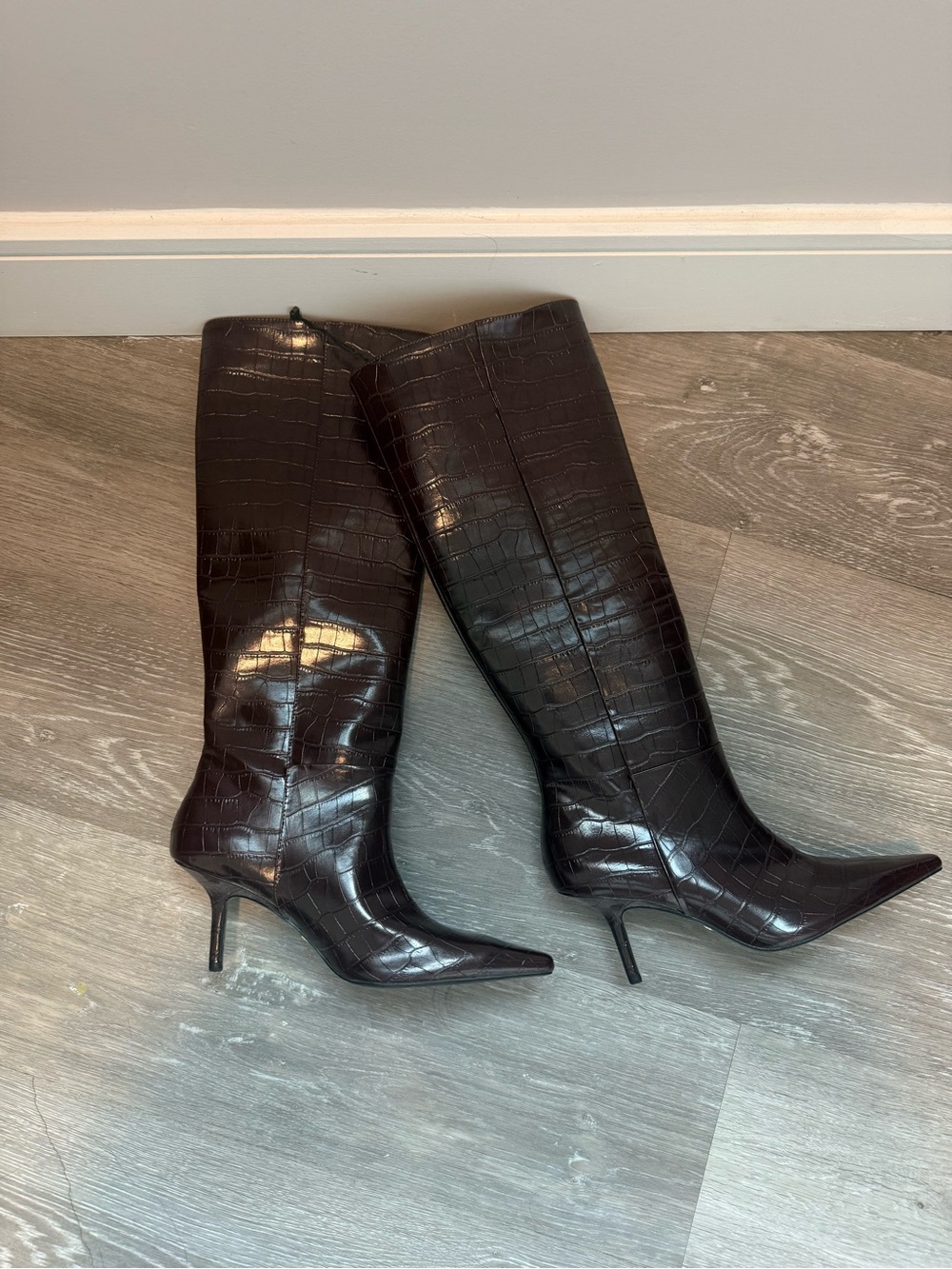 Women's Tall Pointed-Toe Croc-Embossed Knee Boots - Dark Burgundy